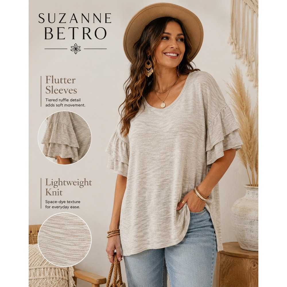 NEW Suzanne Betro 4X Plus Size Ruffle Flutter Sleeve Space Dye Top Beige